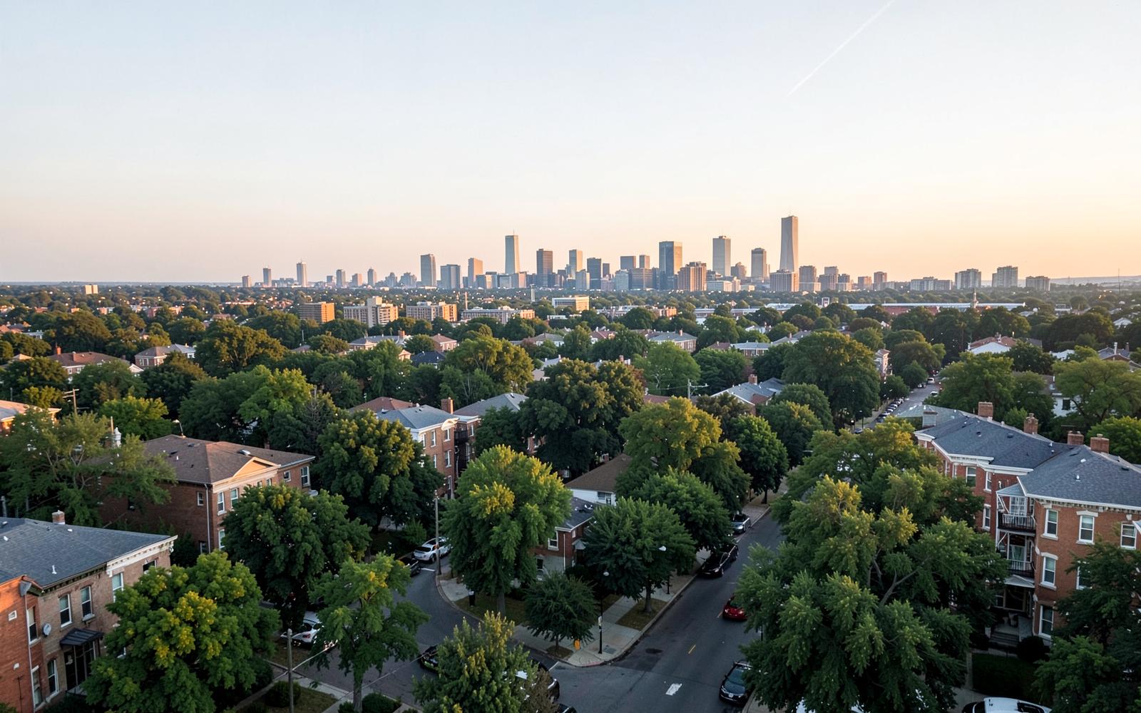 Aerial view of a tree-lined Toronto residential neighbourhood with the downtown skyline beyond