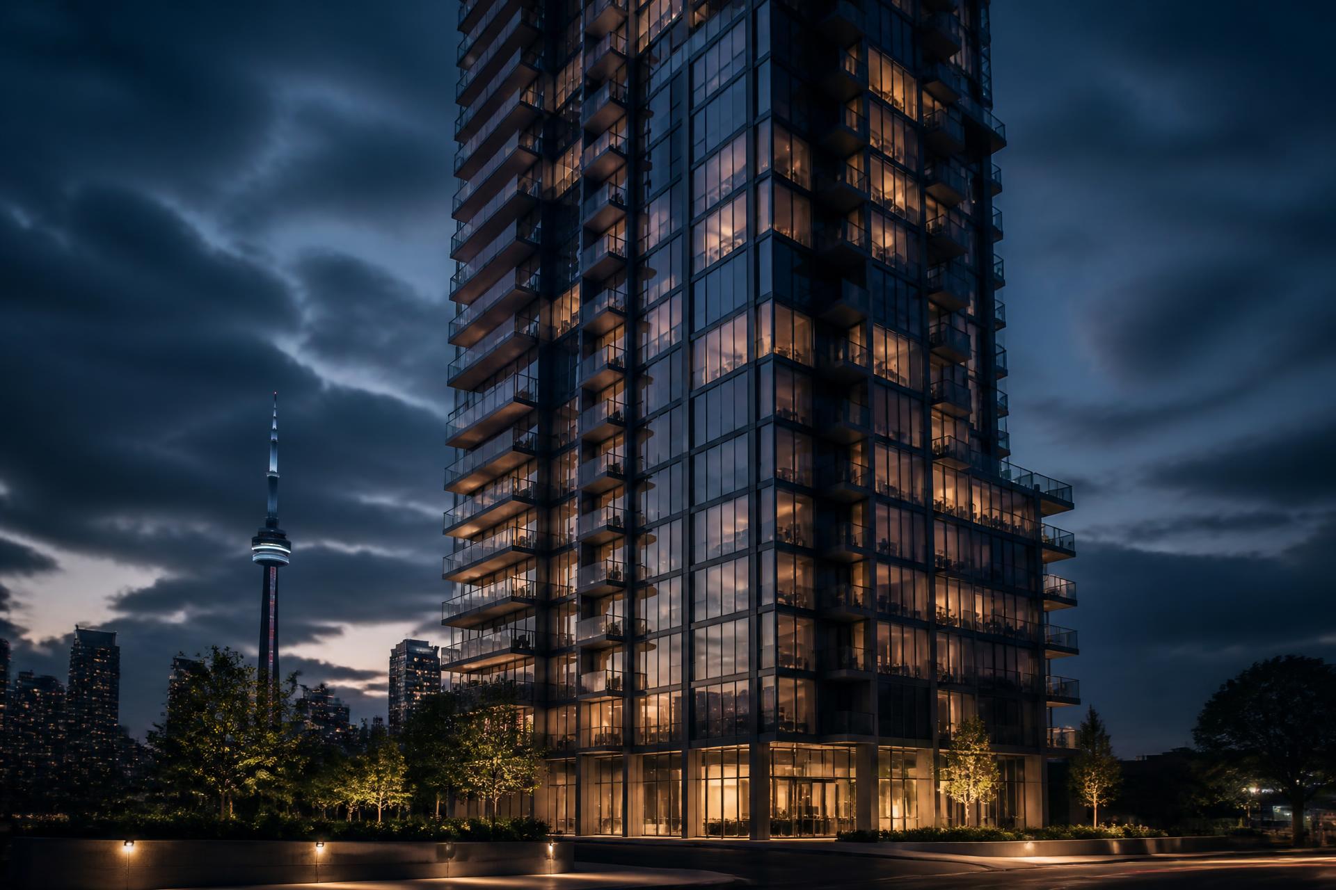 Modern Toronto condominium tower at dusk with the CN Tower in the distance