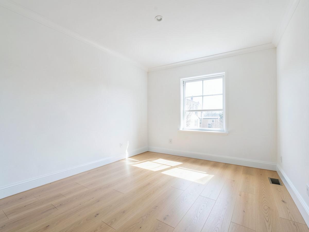 The same residential room after restoration with a fresh white ceiling and new light oak flooring