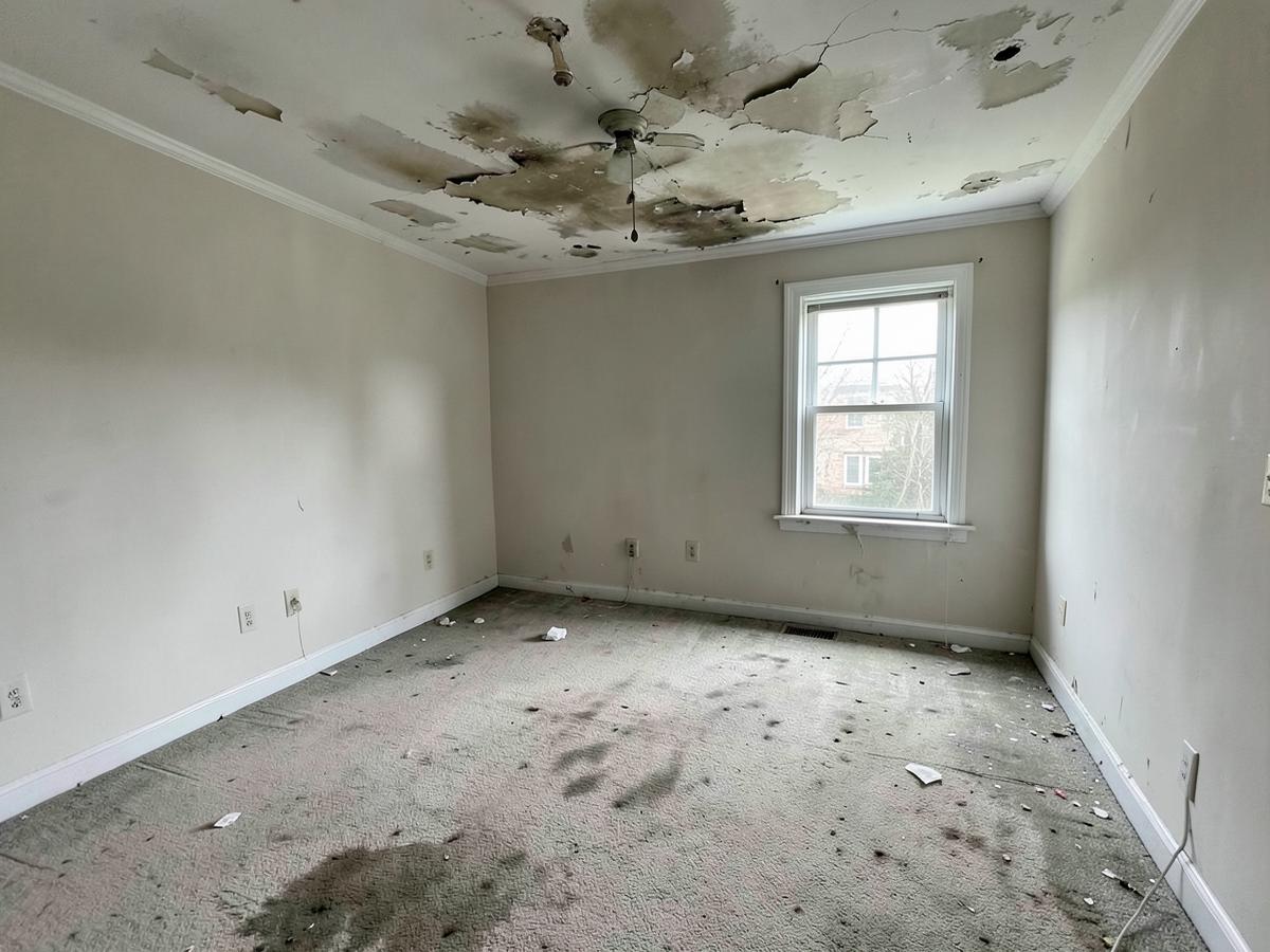 Residential room before restoration with water-stained ceiling, peeling paint and damp carpet