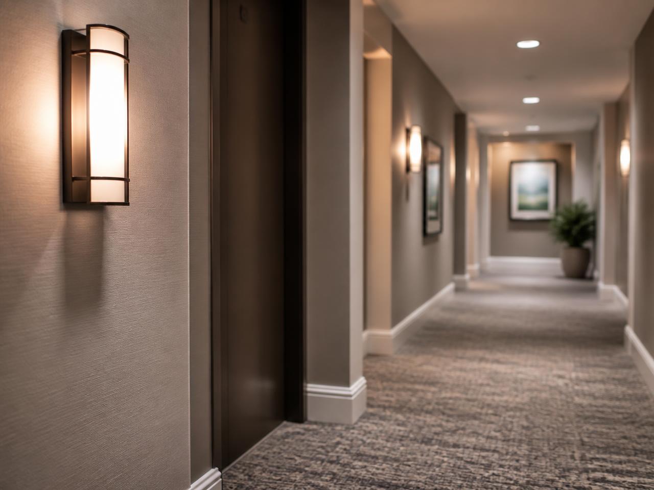 Clean, well-lit residential building corridor with maintained finishes