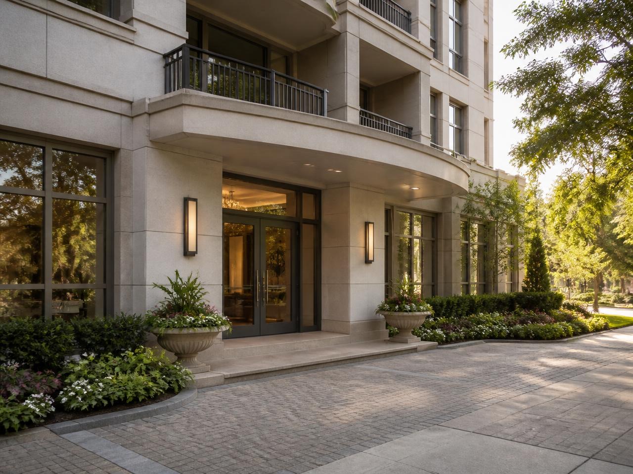 Landscaped entrance of a well-maintained residential building