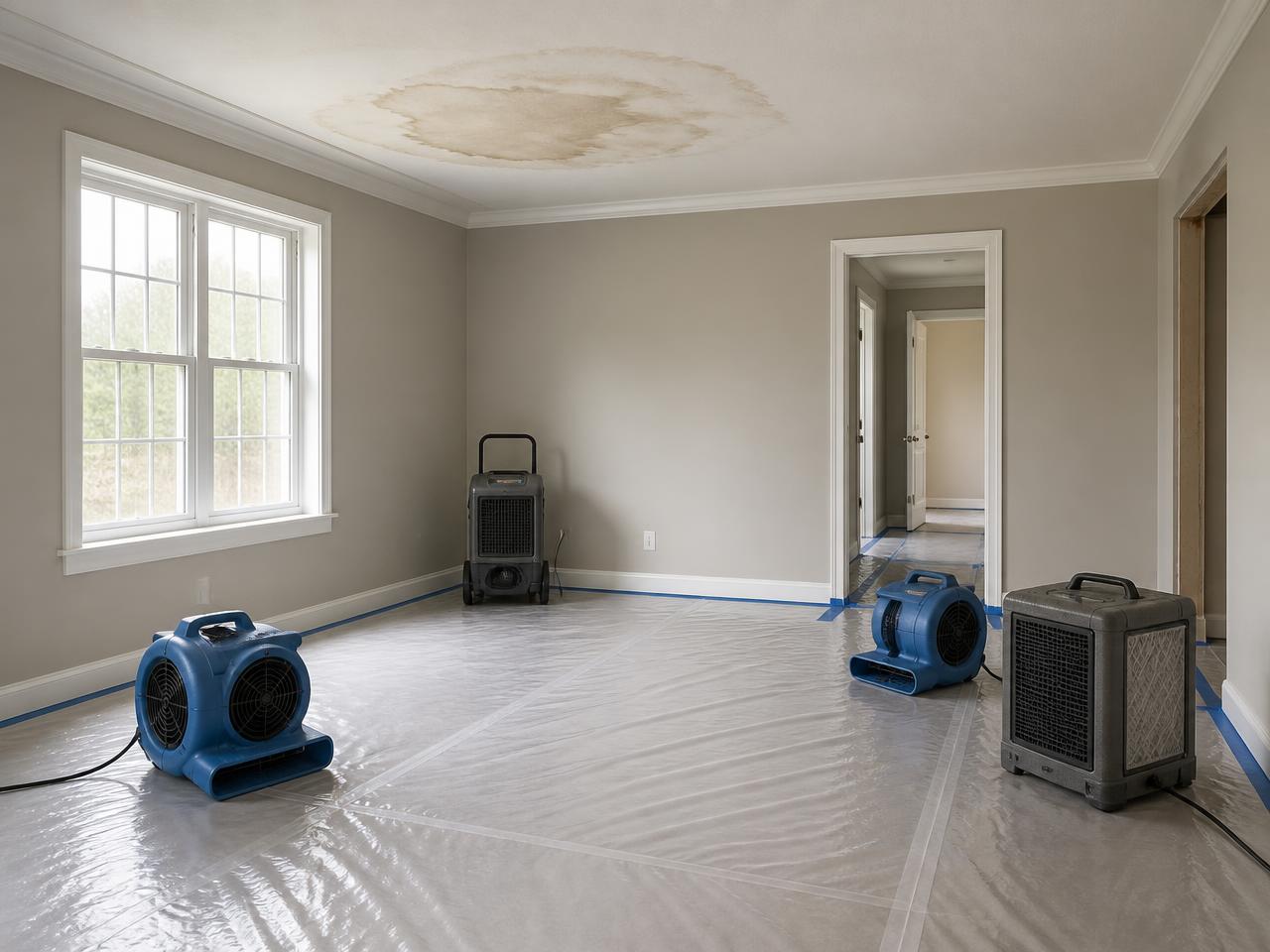 Professional drying equipment set up in a water-damaged residential room
